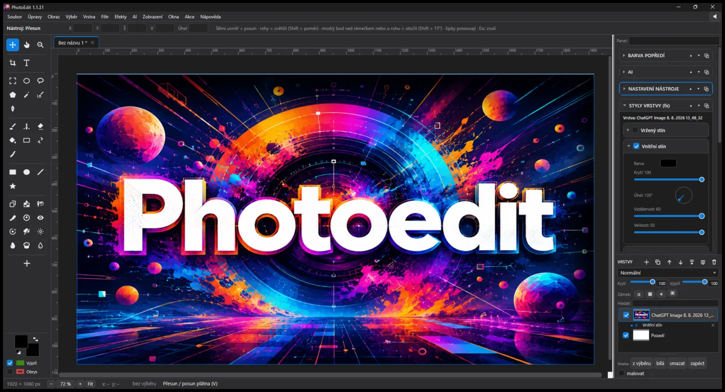 Okno aplikace PhotoEdit — plátno s obrázkem, panel vrstev a otevřené nastavení stylu vrstvy s vnitřním stínem