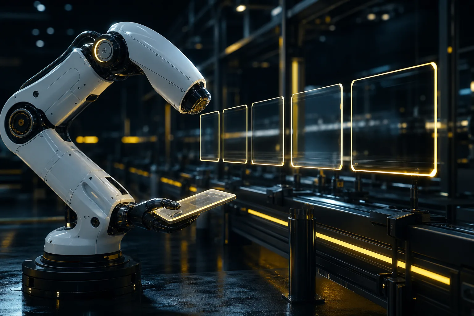 Bílé robotické rameno s tabletem kontroluje svítící skleněné karty