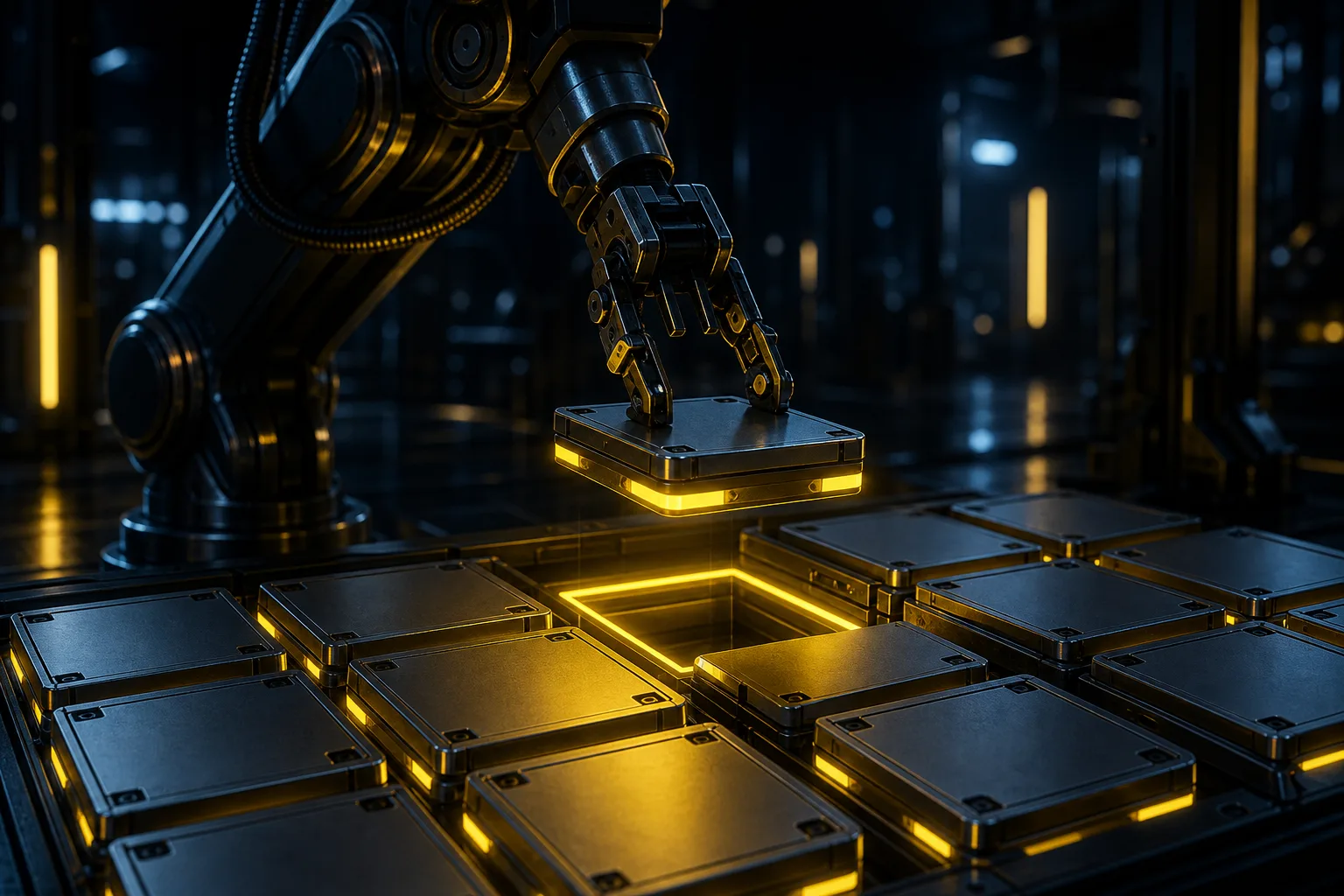 Robotické rameno vkládá svítící modul do mřížky dalších modulů